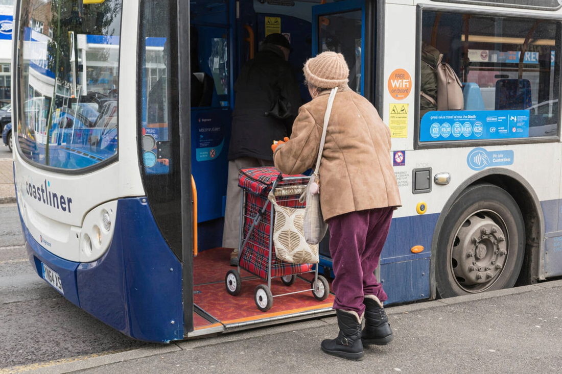 Women with Shopping trolley getting on bus