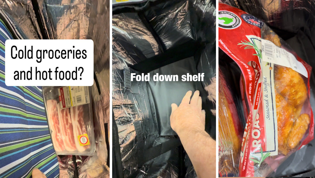 Shopping bag with hot cold items and fold down shelf