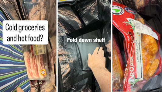 Shopping bag with hot cold items and fold down shelf